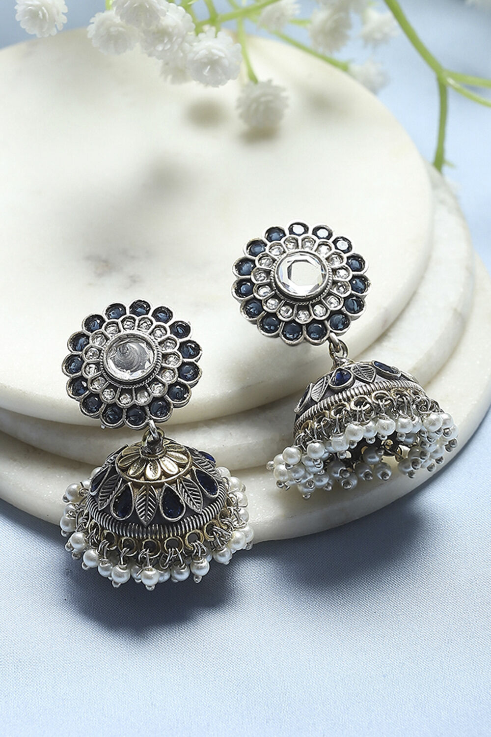 Blue White Brass Jhumka image number 0