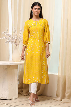 Mustard Yellow Modal Printed A-Line Kurta image number 5