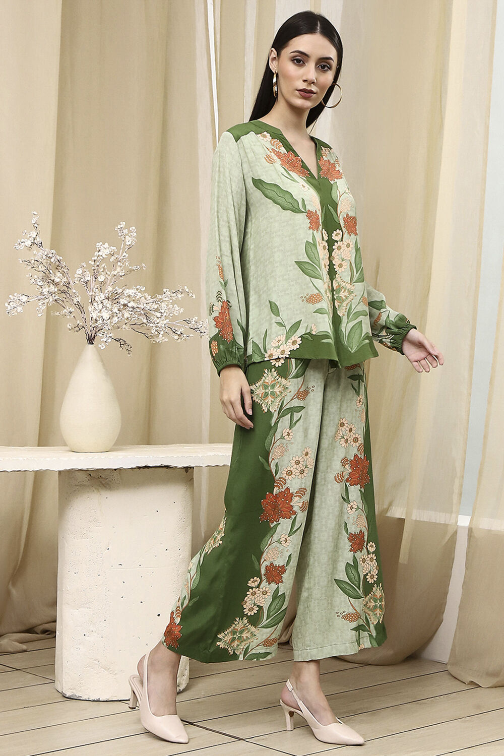 Green Floral Printed Co-ord Set image number 5