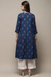 Navy Blue Cotton Printed Yard-Dyed Straight Kurta image number 3