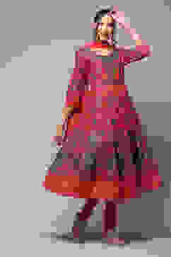 Crimson Red Cotton Anarkali Kurta Churidar Suit Set image number 6