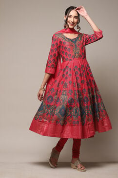 Crimson Red Cotton Anarkali Kurta Churidar Suit Set image number 6