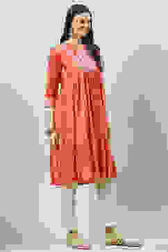 Red Cotton Flared Printed Kurta image number 3