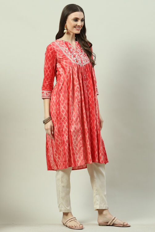 Red Cotton Flared Printed Kurta image number 3