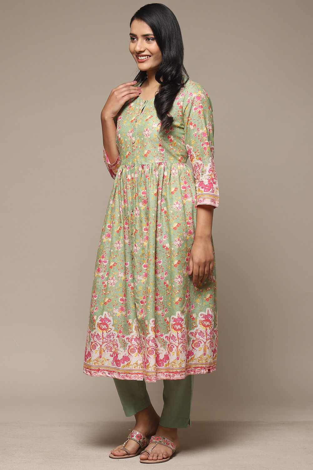 Blue Cotton Gathered Kurta Pants 2 Piece Set image number 3