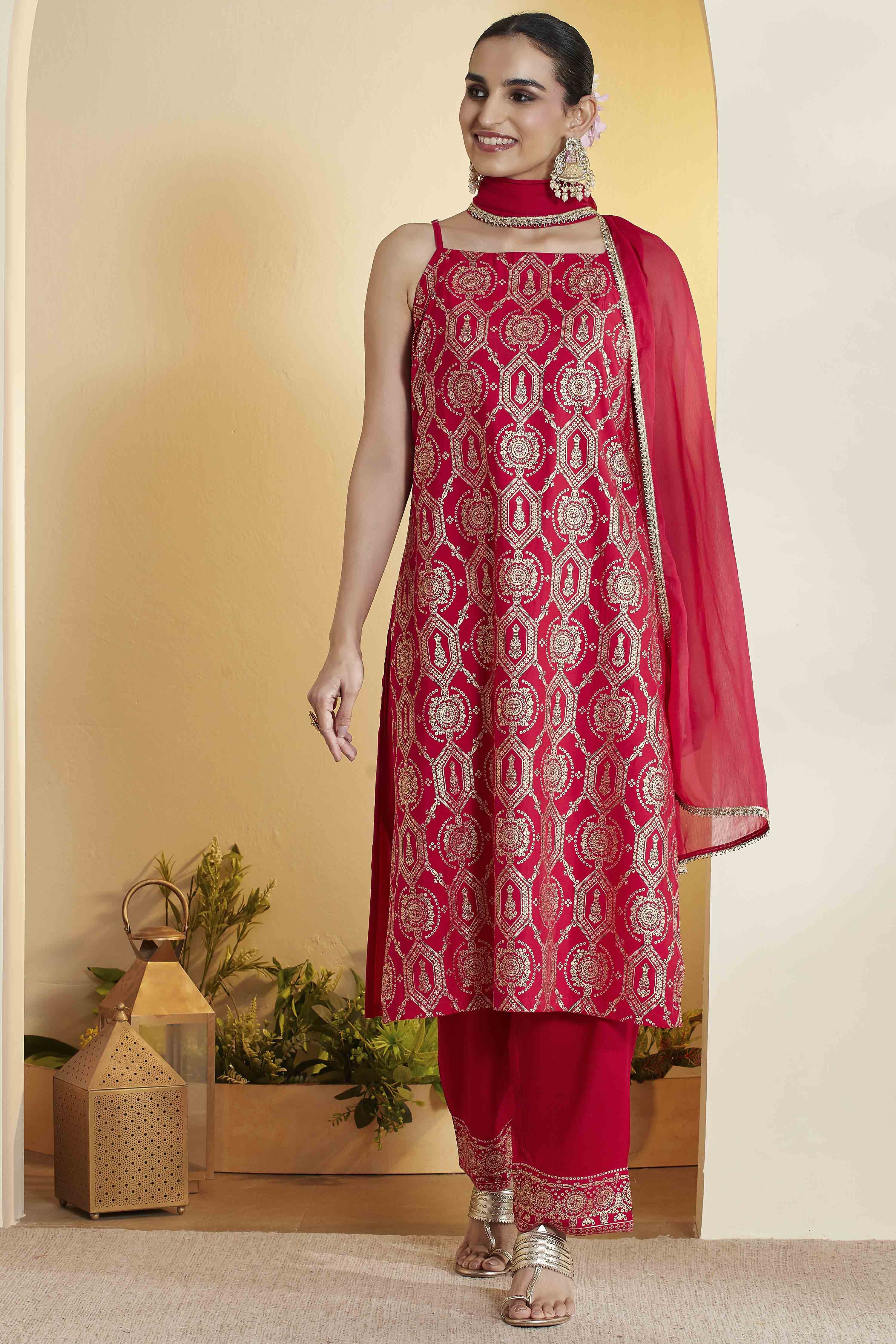 Red Geometric Printed Straight Viscose Blend Kurta Set image number 7