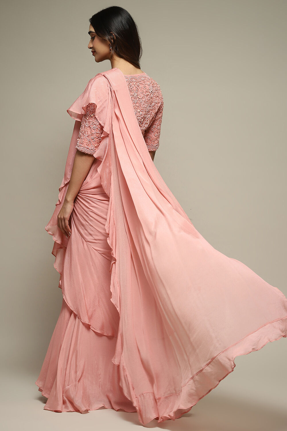 Dusty Pink Pre-Draped Nylon Saree With A Stitched Blouse image number 4