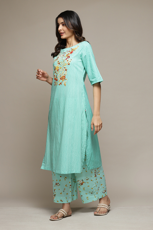 Yellow Cotton Straight Kurta Palazzo Suit Set image number 3