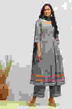 Turquoise Cotton Geometric Printed Anarkali Suit Set image number 0