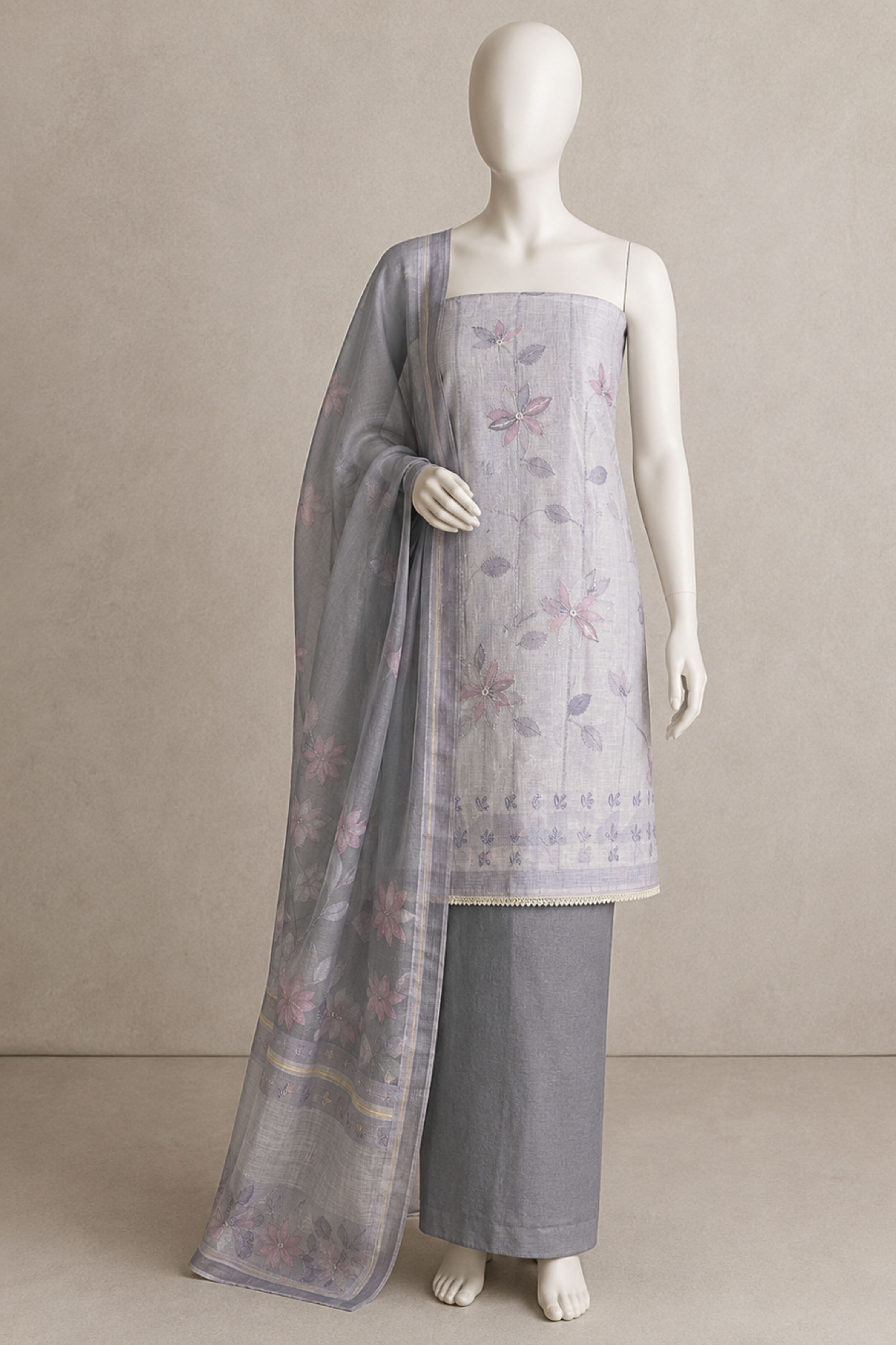Peach Linen Printed Unstitched Suit Set image number 5