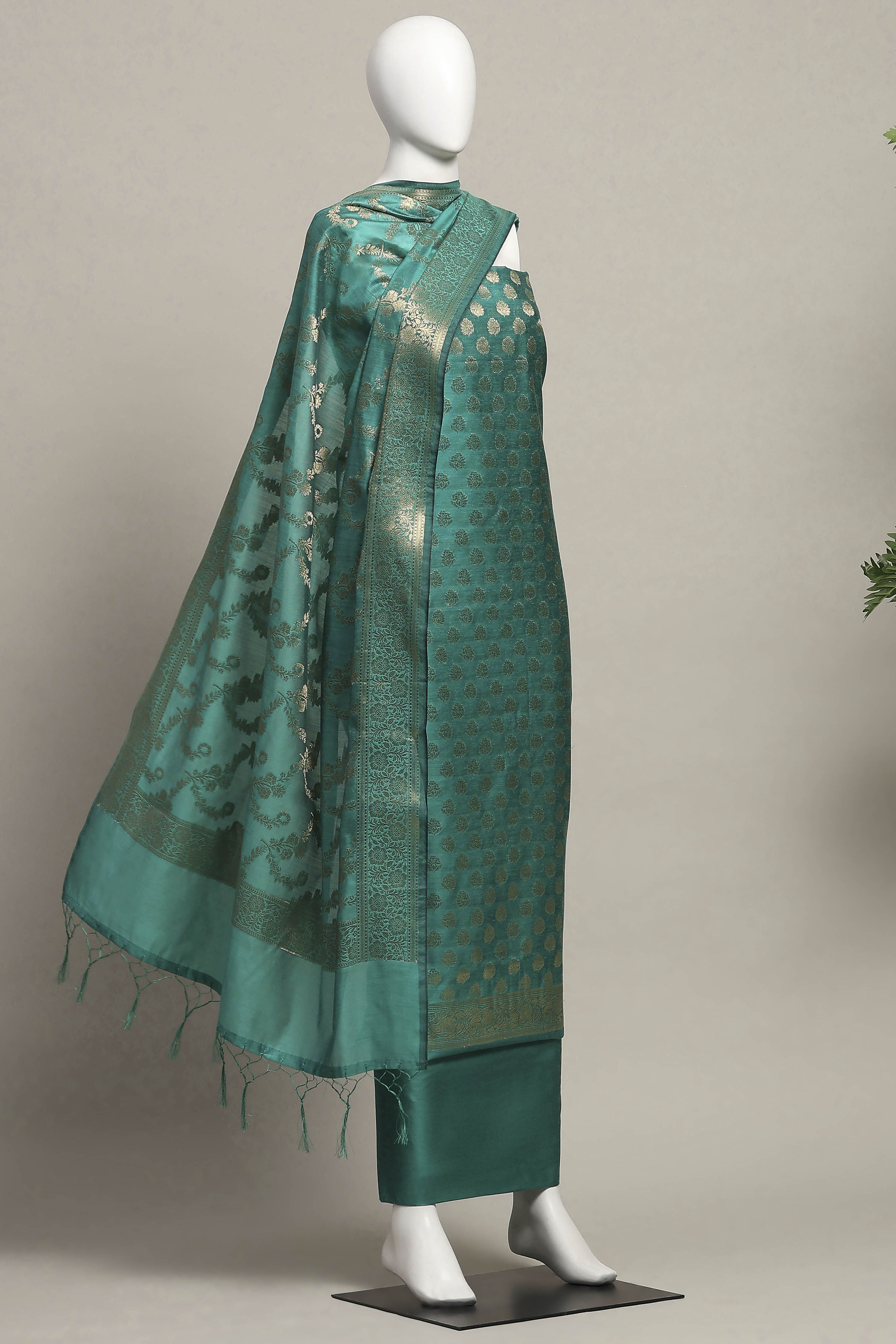 Teal Cotton Printed Embroidered Unstitched Suit Set image number 4