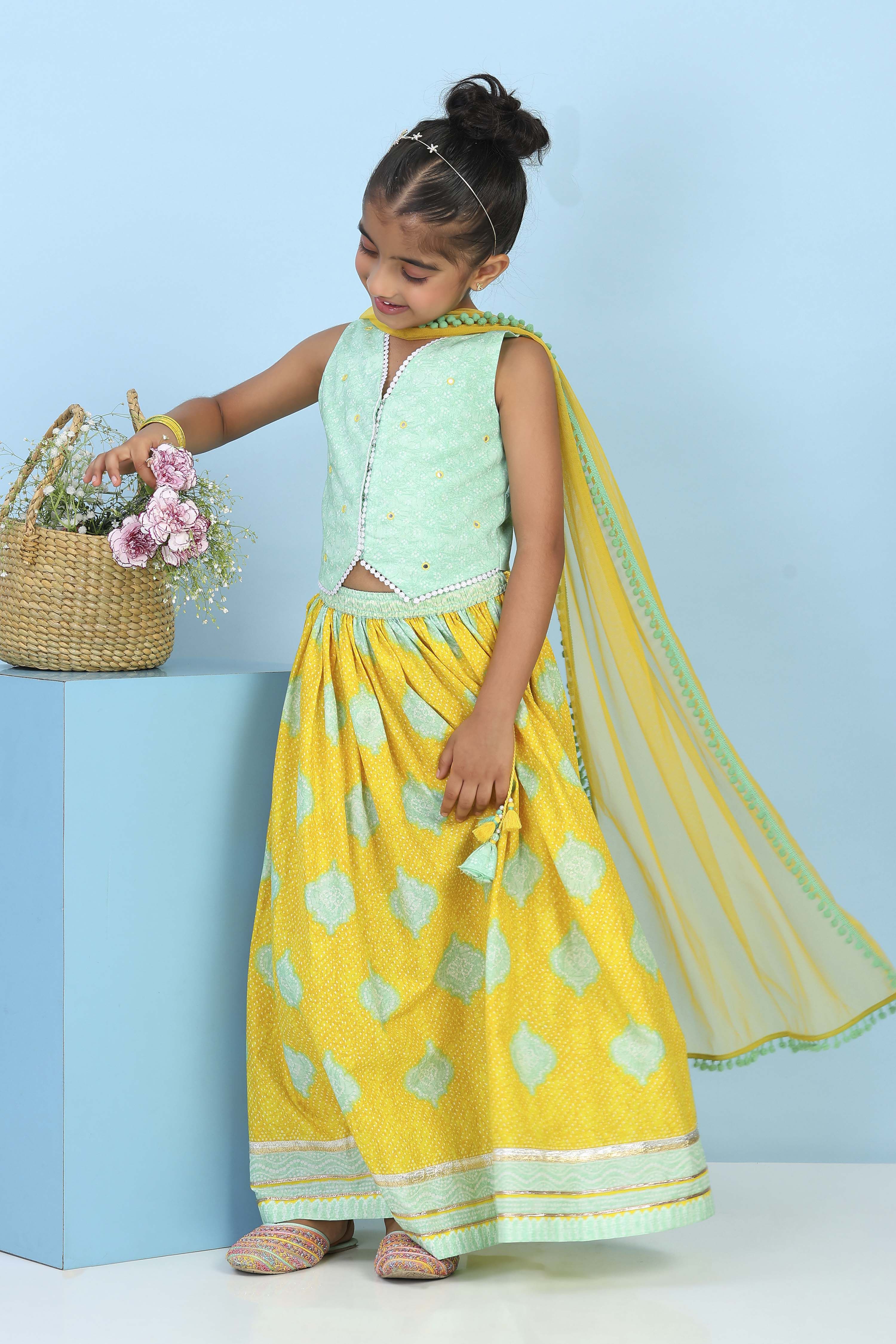 Sage Green Cotton Printed Straight Lehenga Set image number 0