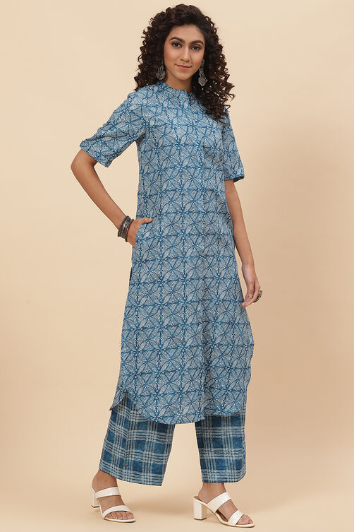 Indigo Cotton Straight Fusion Printed Kurta Set image number 5