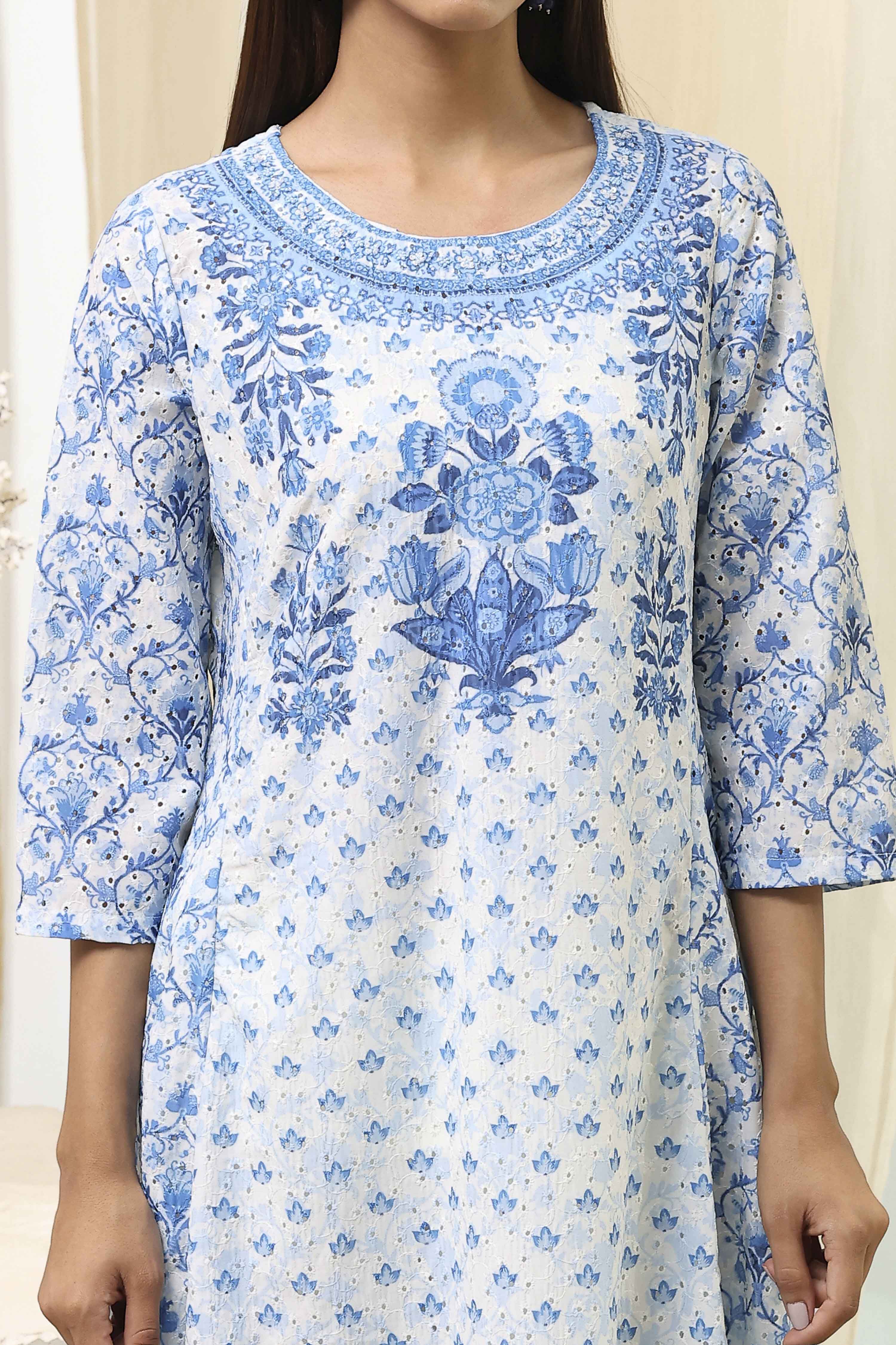 Off-White and Blue Cotton Floral Kalidar Suit Set image number 1