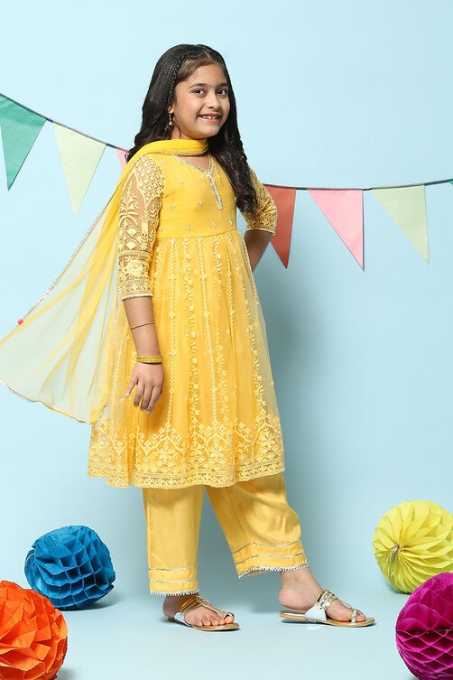 Yellow Nylon Gathered Embroidery Kurta Palazzo Suit Set image number 5