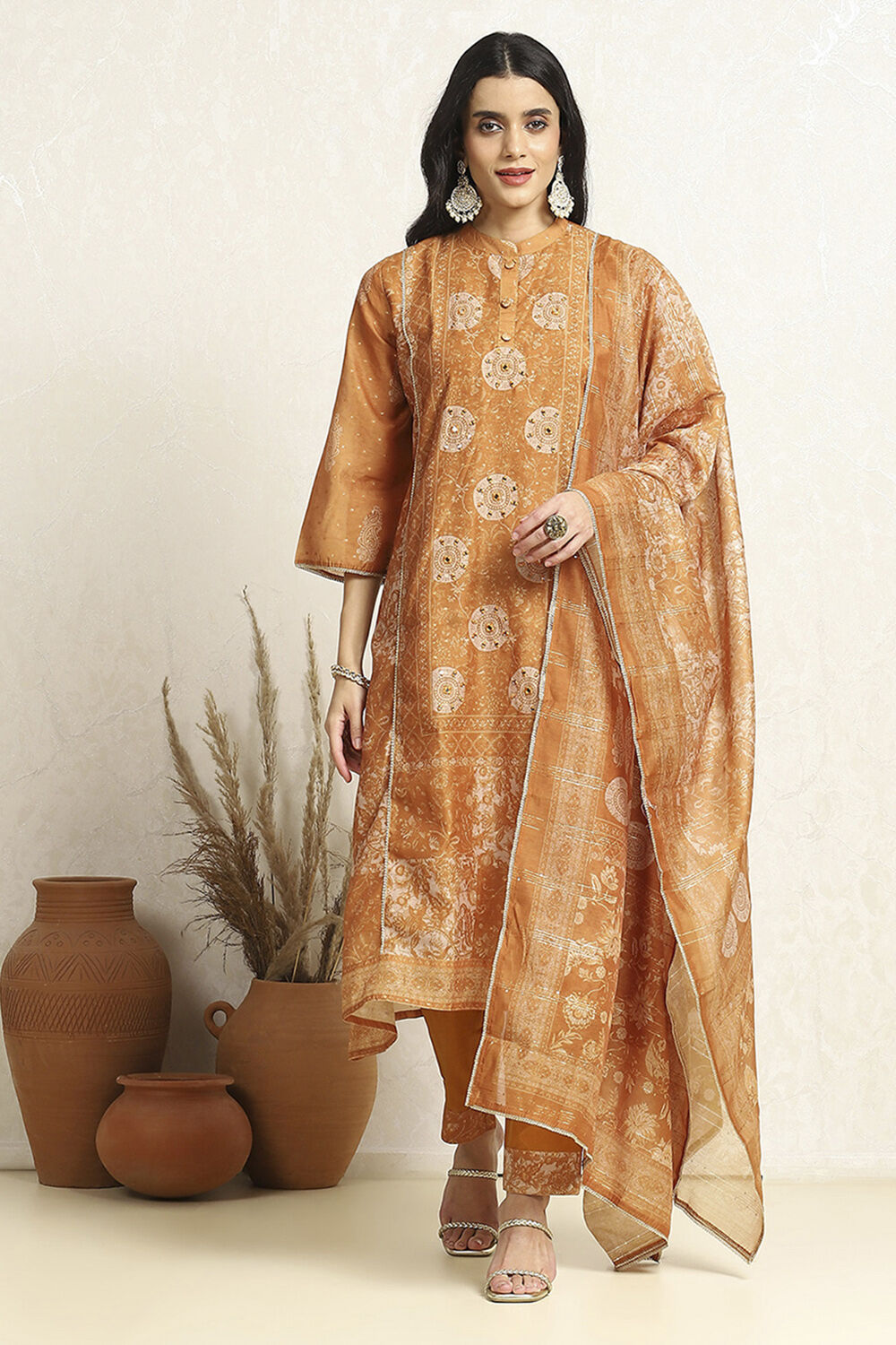 Beige Chanderi Printed Unstitched Suit Set image number 1