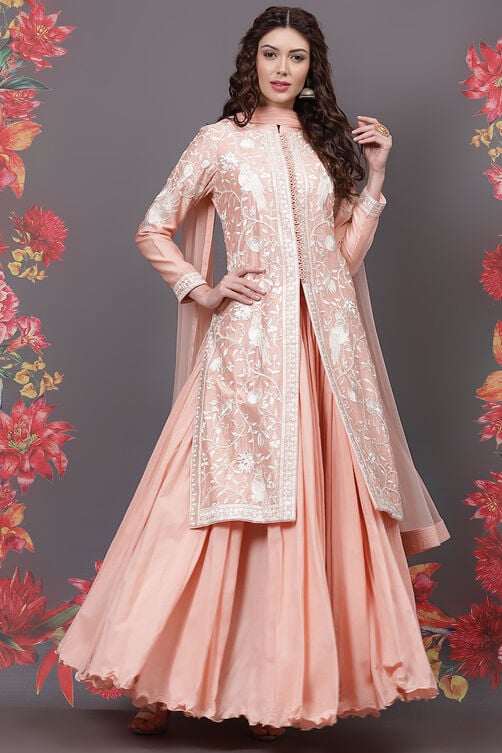 Rohit Bal Peach Cotton Silk Straight Yarndyed Suit Set image number 6