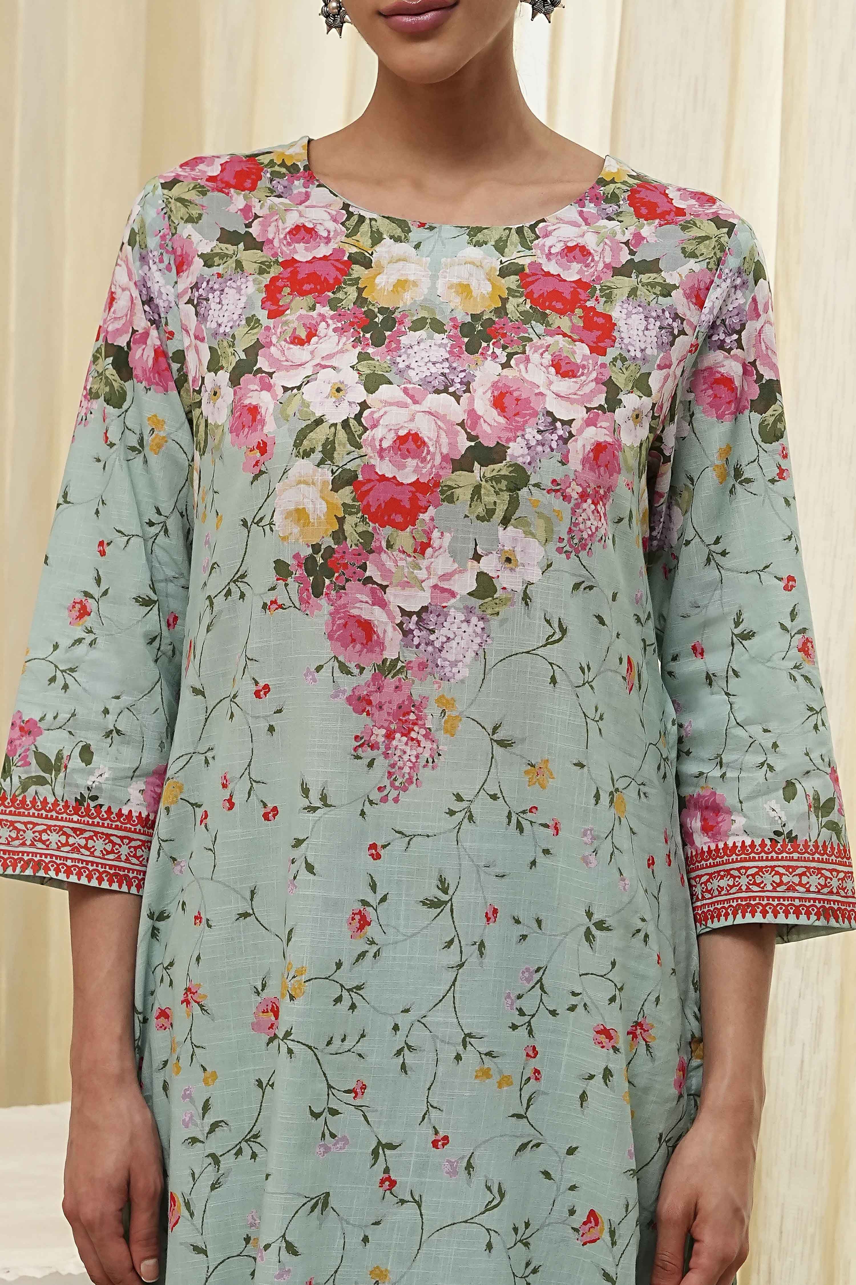 Turquoise Cotton Floral Printed Straight Suit Set image number 1