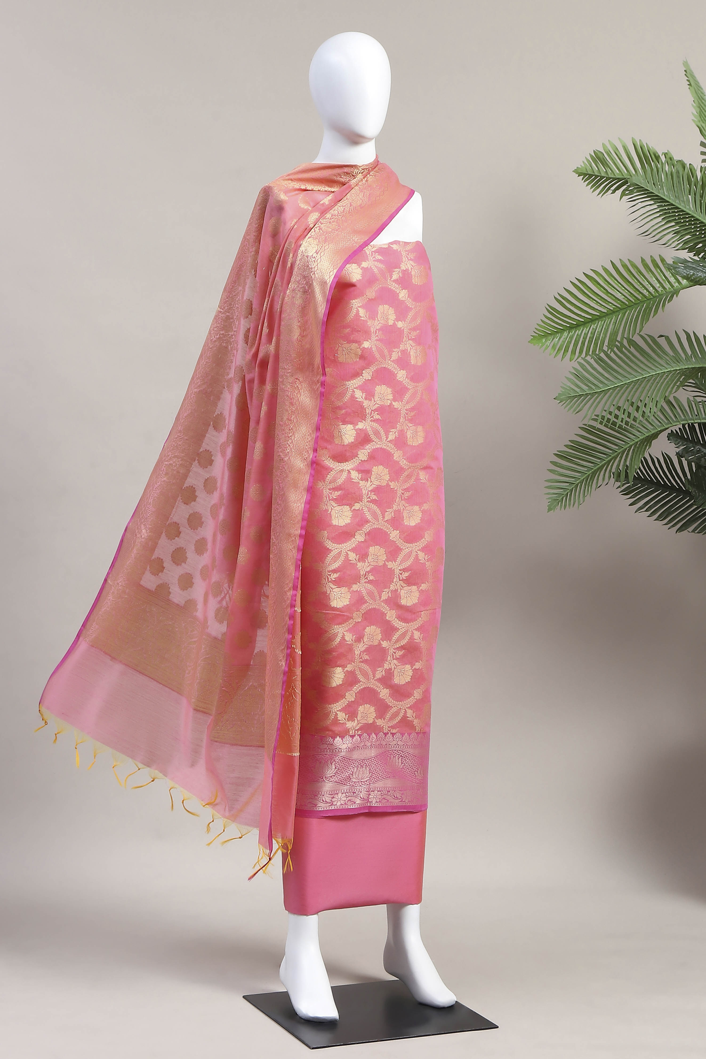Pink Cotton Printed Embroidered Unstitched Suit Set image number 4