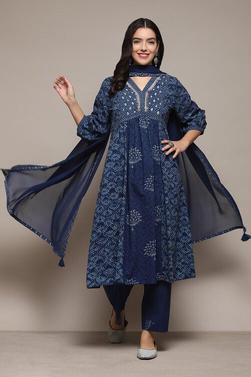 Indigo Cotton Gathered Kurta Palazzo Suit Set image number 0