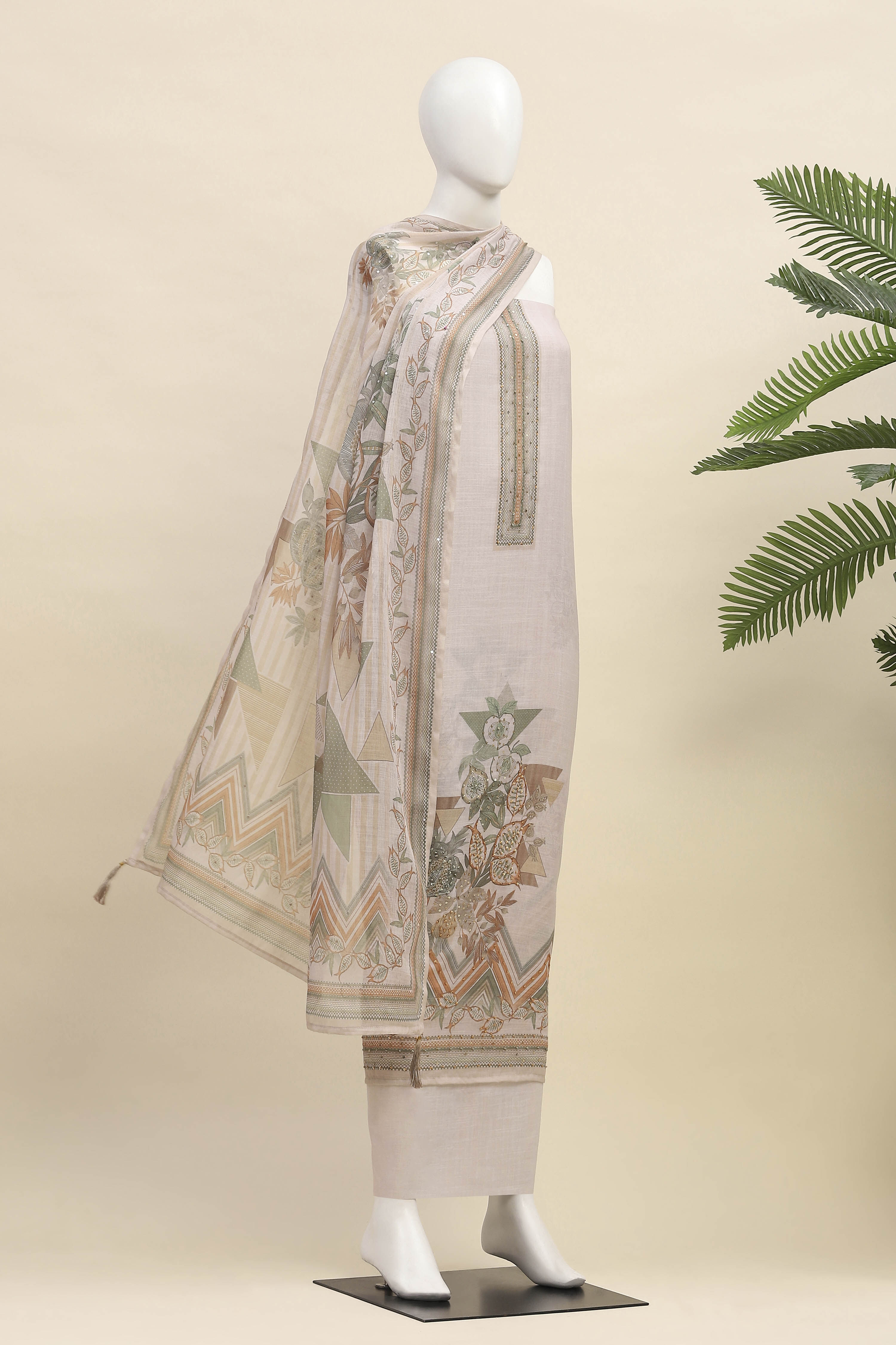 Fawn Linen Unstitched Suit Set image number 4