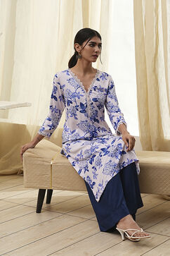 Blue and White Floral Printed Straight Kurta image number 0