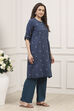 Navy Blue Cotton Yarndyed Straight Suit Set image number 4
