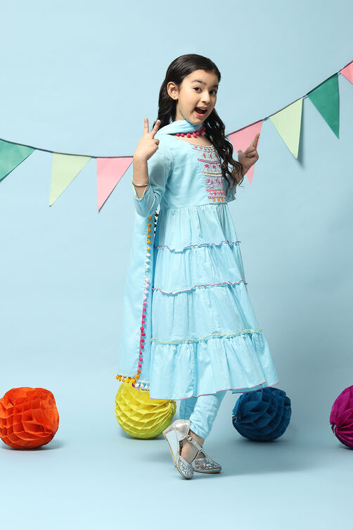 Blue Cotton Tiered Kurta Churidar Suit Set image number 6