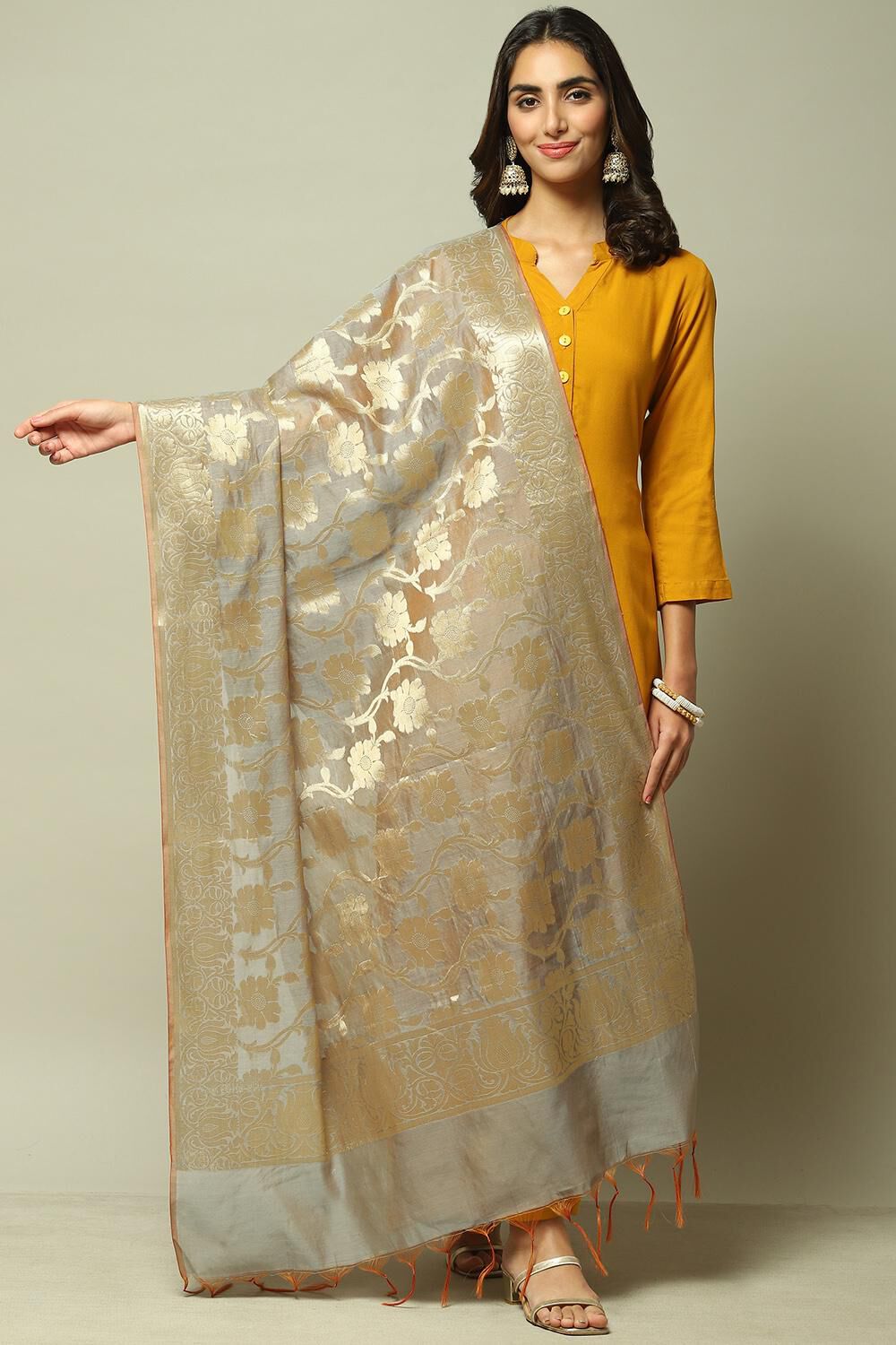 Grey Silk Blend Yarndyed Dupatta image number 0