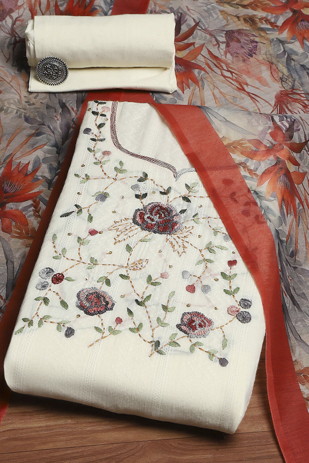 Off White Cotton Hand Embroidered Unstitched Suit Set image number 0