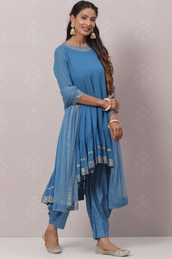 Blue Art Silk Asymmetric Kurta Salwar Suit Set image number 6