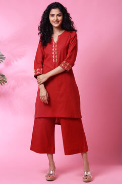 Red Cotton Flax Straight Kurta Pants Set image number 0