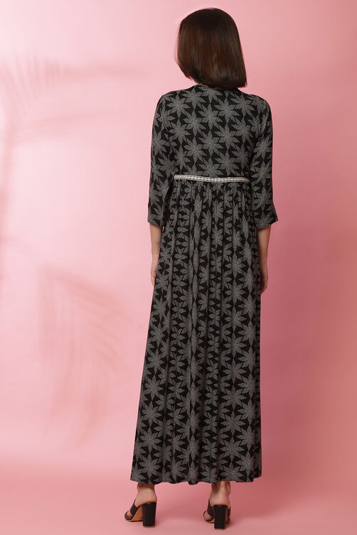 Black Viscose Slit Printed Dress image number 5