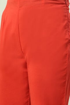 Red Printed Cotton Straight Kurta Slim Pants Suit Set image number 2