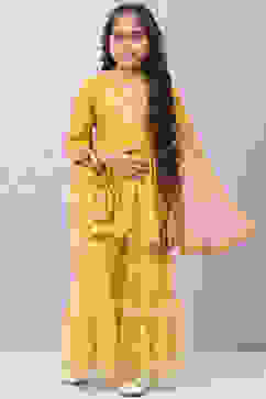 Mustard Yellow Nylon Gathered Kurta Sharara Suit Set image number 0