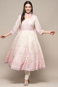 Off White Cotton Anarkali Suit Set image number 7