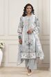 Khaki Green Cotton Floral Printed Straight Suit Set image number 6