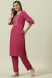 Navy Solid LIVA Straight Kurta Slim Pant Suit Set image number 3