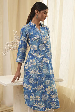 Blue Pure Cotton Floral Straight Kurta image number 0