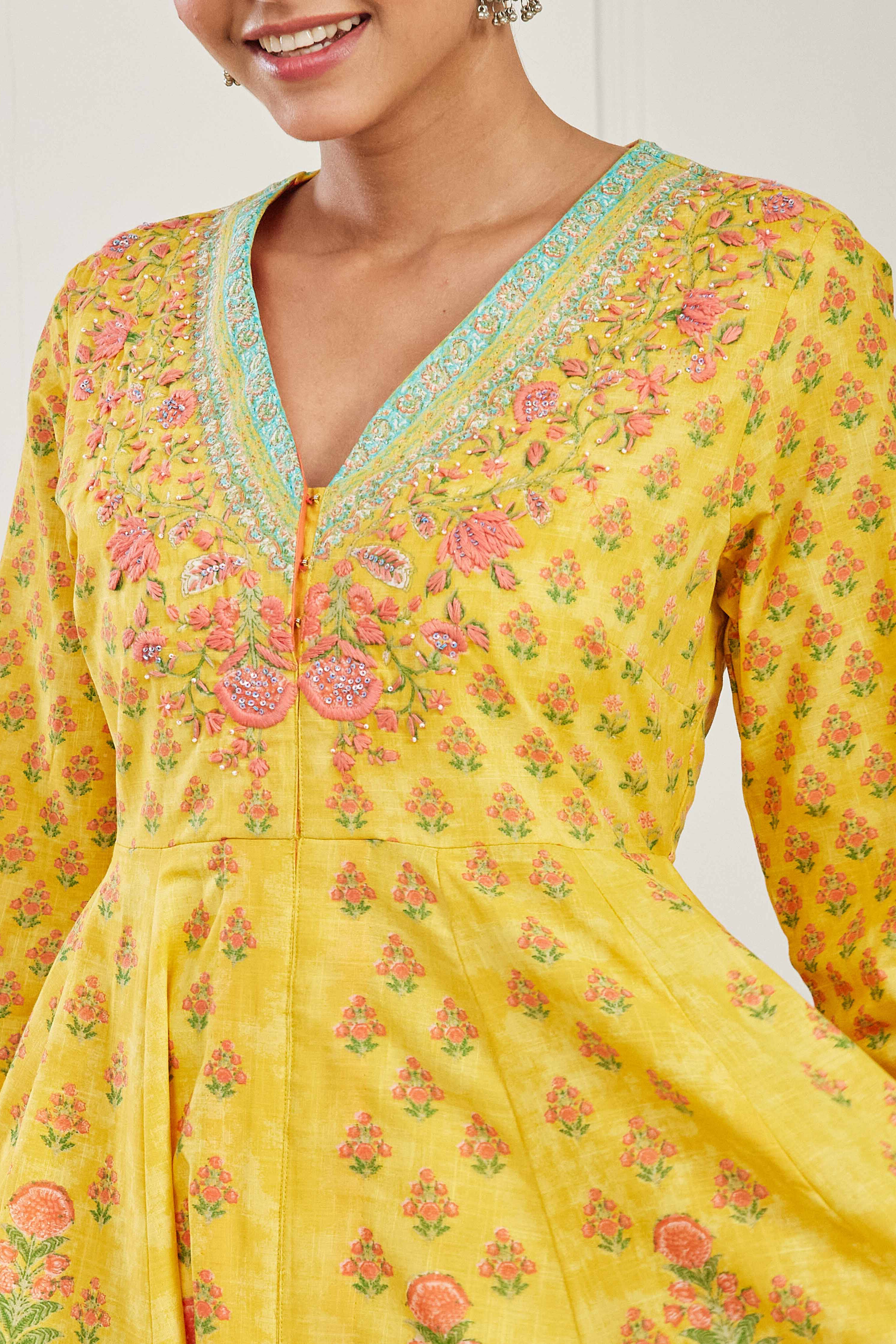 Yellow Cotton Kalidar Suit Set image number 1