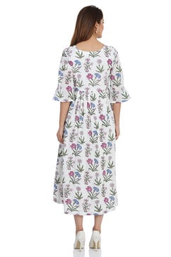Off White Flared Cotton Printed Dress image number 4
