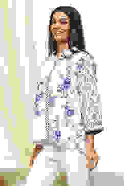 White and Blue Cotton High-Low Straight Shirt image number 2