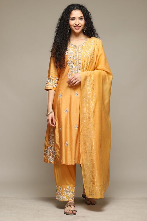 Ochre Cotton Blend A-Line Kurta Palazzo Suit Set image number 7