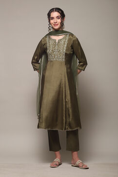 Mehandi Green Viscose Kalidar Kurta Slim Pant Suit Set image number 7