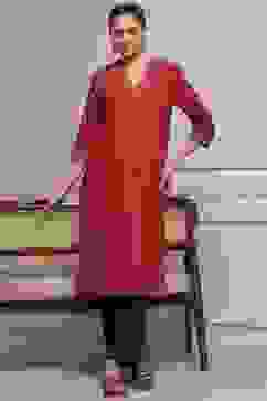 Red Cotton Straight Printed Kurta image number 0