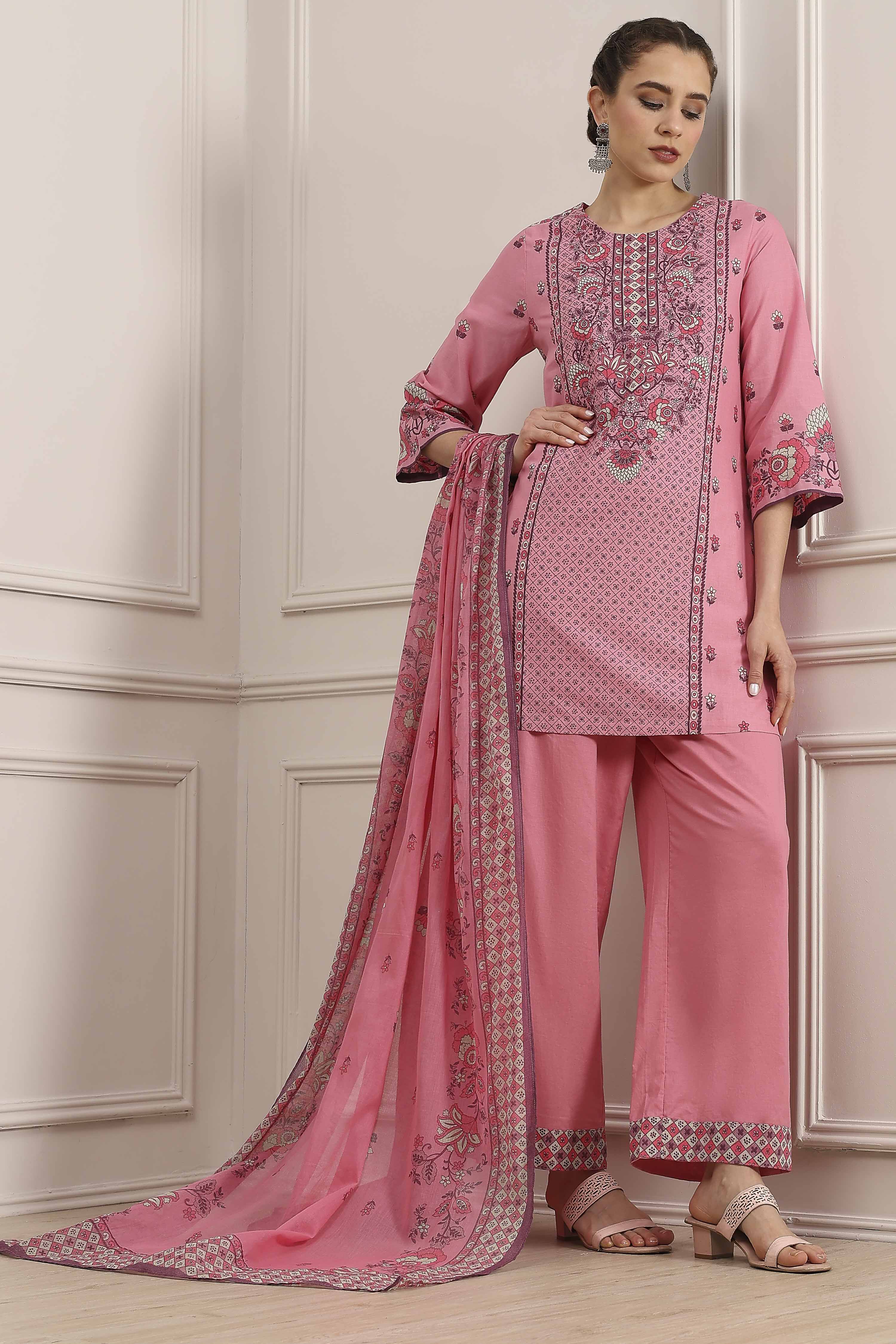 Light Pink Cotton Straight Suit Set image number 0