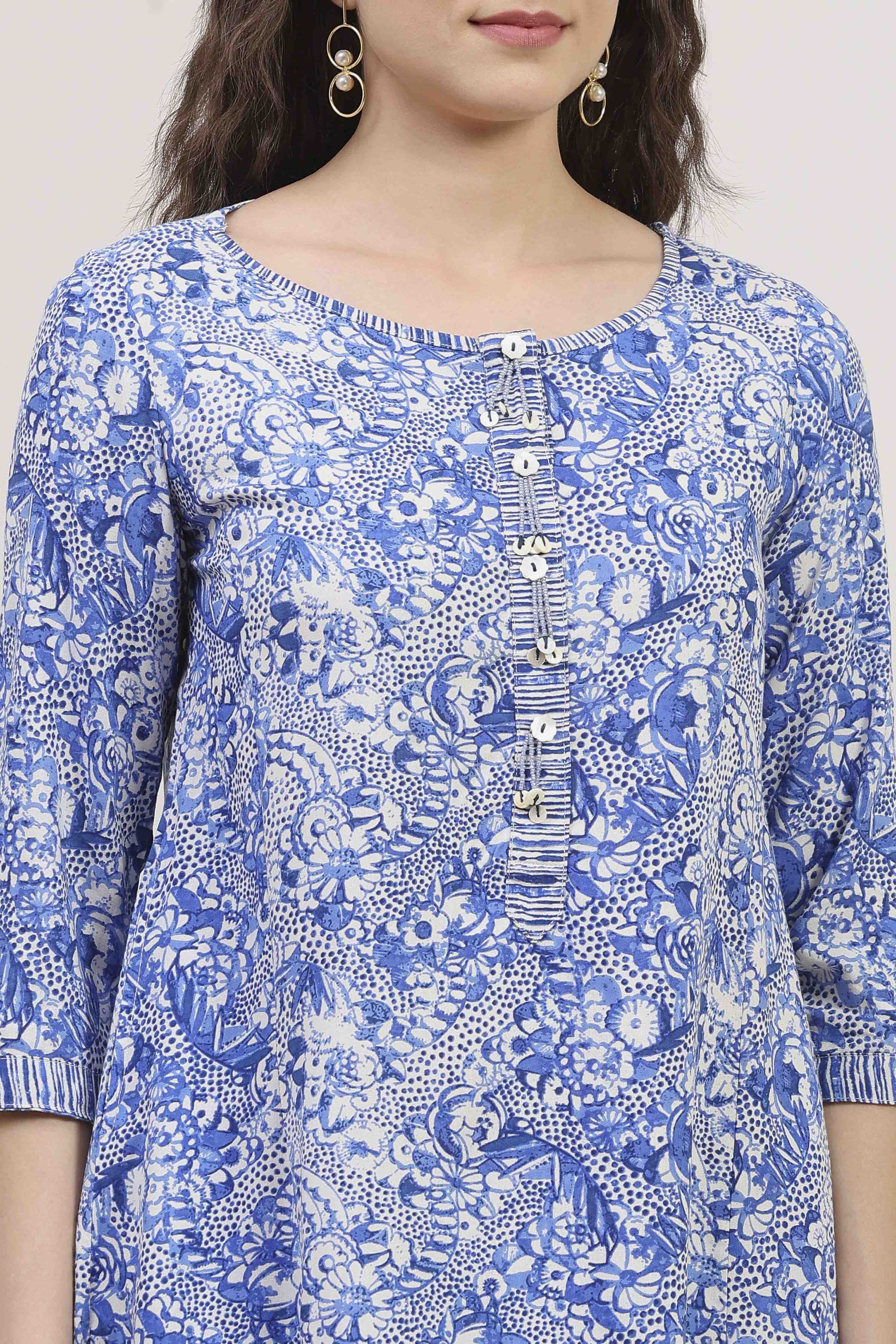Blue Rayon Printed Straight Suit Set image number 1