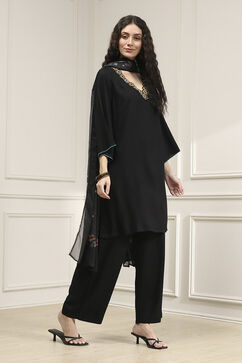 Black Solid Relaxed Straight Suit Set image number 5