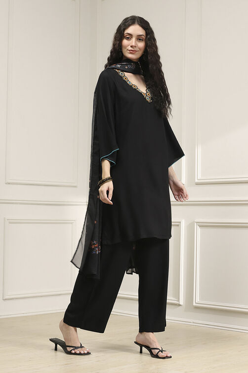 Black Solid Relaxed Straight Suit Set image number 5