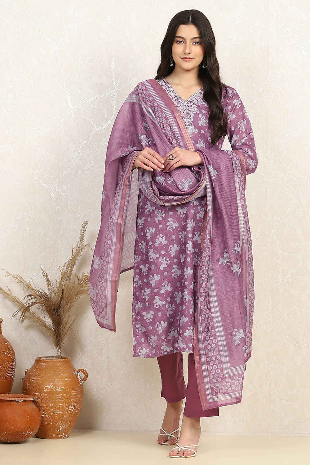 Mauve Linen Digital Print Unstitched Suit Set image number 1